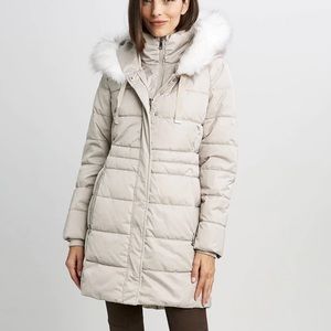 Tahari long puffer coat sz S small pale oak ivory fur trim hood